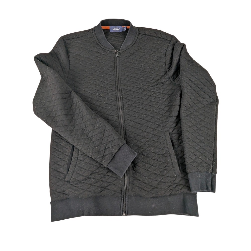 TOPMAN Black Quilted Bomber Jacket Mens Size L Ribbed‎ Cuffs Zip Front Diamond